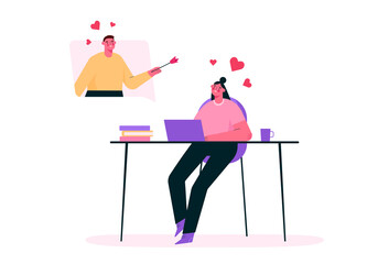 Virtual relationships. Online date during quarantine and self-isolation. Couple chatting online, meeting at dating app, talking via video chat. Man and woman in love. Vector flat cartoon illustration.