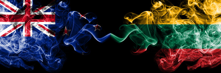 New Zealand vs Lithuania, Lithuanian smoky mystic flags placed side by side. Thick colored silky abstract smoke flags