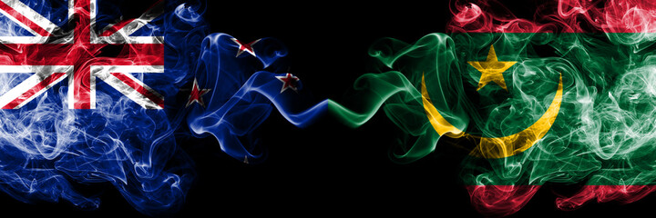 New Zealand vs Mauritania, Mauritanian smoky mystic flags placed side by side. Thick colored silky abstract smoke flags