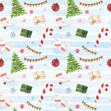 Watercolor seamless pattern with Christmas elements on blue striped background.