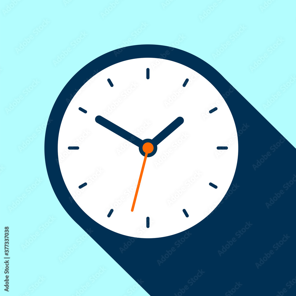Poster clock icon in flat style, timer on blue background. business watch. vector design element for you pr