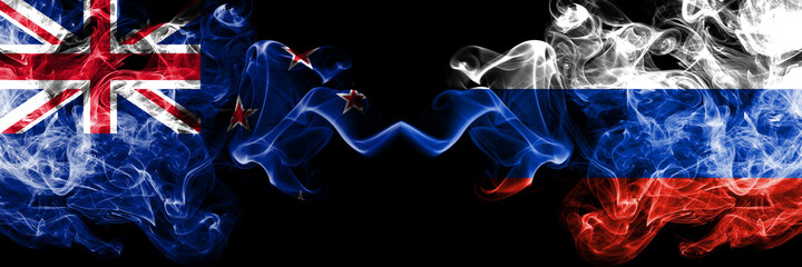 New Zealand vs Russia, Russian smoky mystic flags placed side by side. Thick colored silky abstract smoke flags