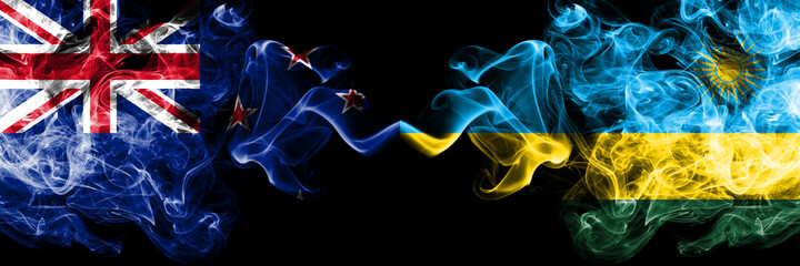 New Zealand vs Rwanda, Rwandan smoky mystic flags placed side by side. Thick colored silky abstract smoke flags