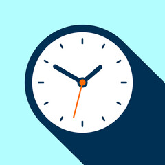 Clock icon in flat style, timer on blue background. Business watch. Vector design element for you project