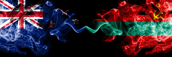 New Zealand vs Transnistria smoky mystic flags placed side by side. Thick colored silky abstract smoke flags