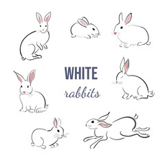 Set of white rabbits in japanese style on a white background. Bunnies in different poses in simple style. Animal sketch.