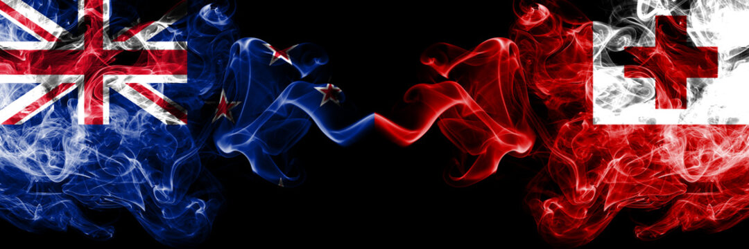 New Zealand vs Tonga, Tongan smoky mystic flags placed side by side. Thick colored silky abstract smoke flags