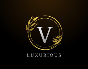 Elegant V Letter Floral Design. Circle Luxury V Gold Logo Icon.