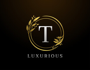 Elegant T Letter Floral Design. Circle Luxury T Gold Logo Icon.