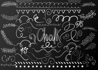 Set of various doodles, shapes, branches and borders drawn in chalk vector