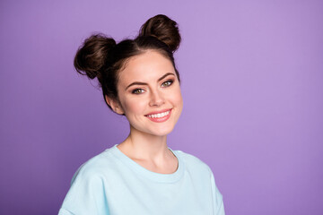 Fototapeta premium Portrait of nice pretty millennial lady look toothy smile enjoy autumn weekend holiday wear casual style clothes isolated over vivid color background