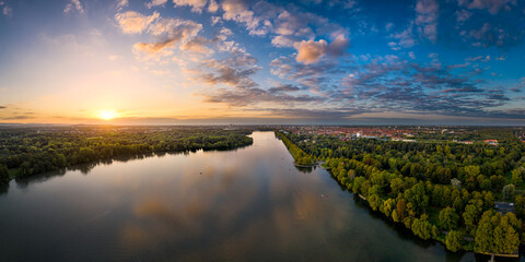 Aerial sunset view of the Maschsee lake in Hannover, Germany - 377338809