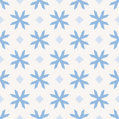 Winter seamless pattern. Vector geometric background with stylized snowflakes, diamonds. Christmas and New Year texture. Elegant blue and white ornament. Repeat design for decor, wrapping, wallpapers