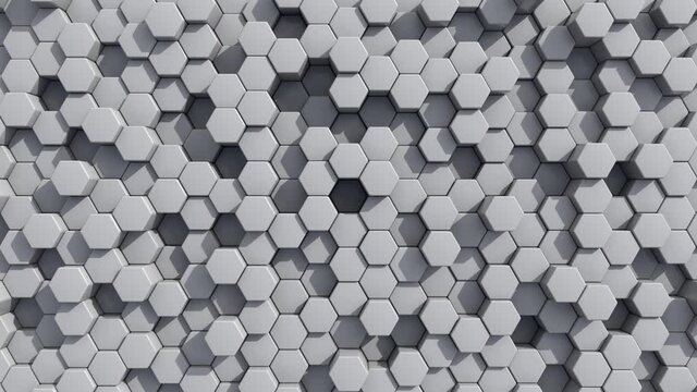 Abstract Hexagon Geometric Surface Loop light bright clean minimal hexagonal grid pattern, random waving motion background canvas in pure wall architectural white. Seamless loop 4K UHD FullHD.