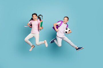 Full length body size view of his he her she nice attractive small little cheerful friends...