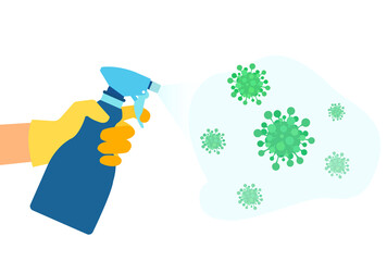 Vector of a hand in gloves spraying disinfectant solution to kill coronavirus