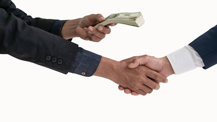 Business people shaking hands rewarding money on white background