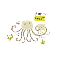 Cute jellyfish family. Baby cartoon design, composition