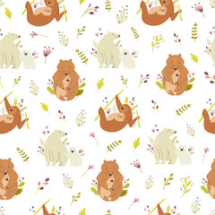 Seamless pattern with cute animals families polar and brown bears, sloth.