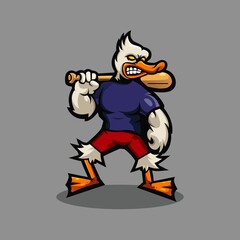Duck mascot logo design vector with modern illustration concept style for badge, emblem and t shirt printing. illustration of a duck carrying a baseball stick