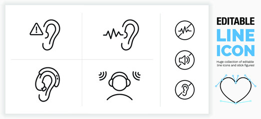 Editable line icons set of hearing damage and aid, part of a huge set of editable line icons! 