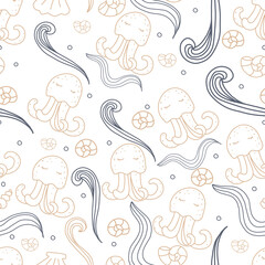 Seamless background with jellyfish, seashells, waves. Vector. For the design of wrapping paper, textile.