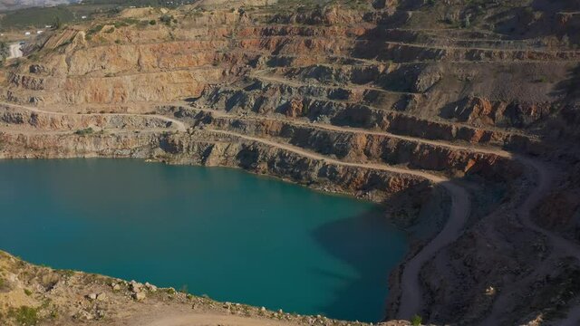 The beautiful landscape of the quarry and lake. Aerial view.