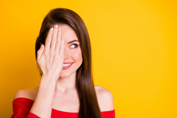 You can't see me. Closeup headshot photo of lovely adorable young lady tricky flirty look empty...