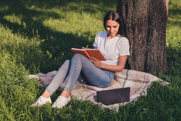 Portrait of her she nice attractive pretty focused cheery smart clever girl doing homework home...