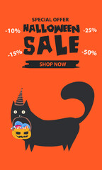 Halloween sale banner. Halloween background with pumpkin, zombie, monster, witch, black cats  and candy . Invitation flyer or template for a Halloween party. silhouette Vector illustration.