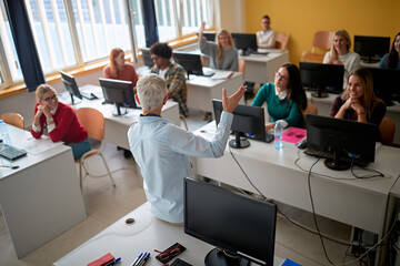 Female professor explaining student's questions at an informatics lecture