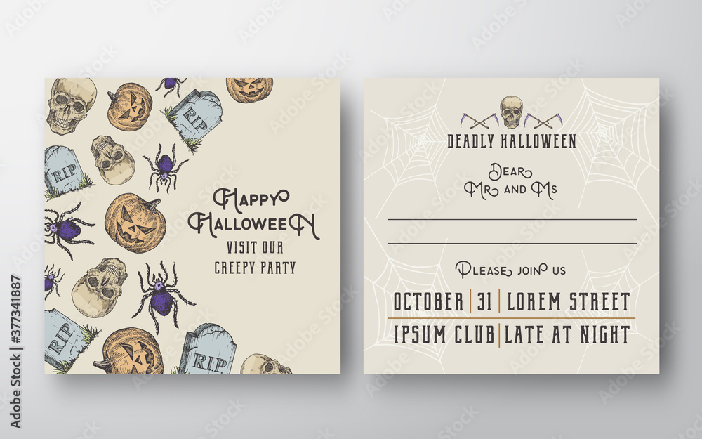 Wall mural halloween abstract vector invitation card background template. back and front design layout with typ