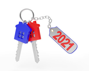 Set of bright keys with number 2021 on a keychain isolated on white. 3D illustration	
