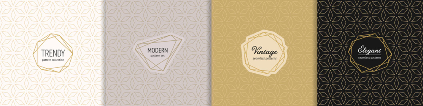 Vector golden geometric seamless patterns with modern minimal labels. Elegant floral ornament. Subtle gold textures set with linear flower shapes. Art deco style. Trendy background. Premium design
