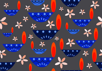 Colourful Diwali clay lamps motifs illustration. Artistic geometric and floral patterns on the lamps. Useful design for cards, wallpaper, banner, ribbons, gift wrappers. Festival of lights theme.