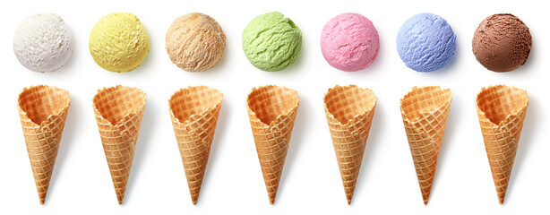 Row of different ice cream scoops and cones