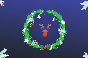 Christmas wreath with white toys and garlands. Head of a Christmas deer with a red nose, modern illustration. Warm light from Christmas lights. Festive card with Christmas and Happy New Year.