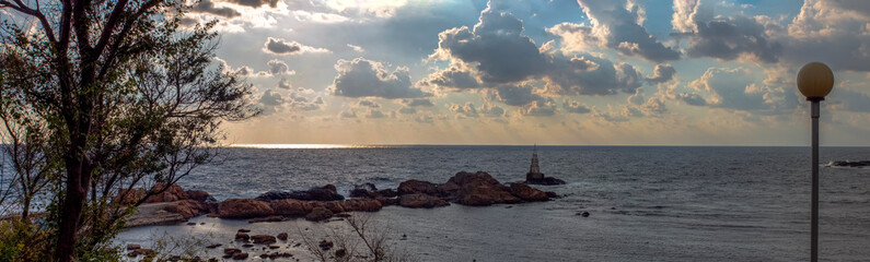 Before sunrise. Panoramic view to the lighthouse, South Black Sea. Ahtopol, Bulgaria.