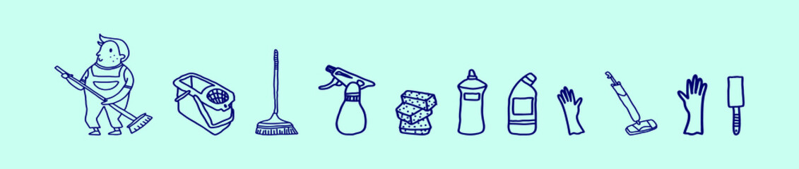 set of cleaning tools cartoon icon design template with various models. vector illustration