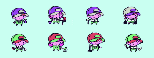 set of cleaning service cartoon character. design template with various models. vector illustration