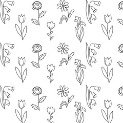 Line art flowers pattern vector Doodle hand drawn floral background 