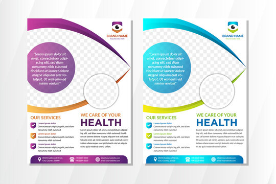 eye health care flyer design template with vertical layout. Eye shape space for photo collage. white background wiht purple, blue, green and gold element . 