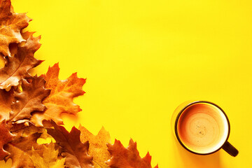 Autumn bright yellow background with yellow-brown autumn oak leaves and a cup of coffee with copy space, top view.
