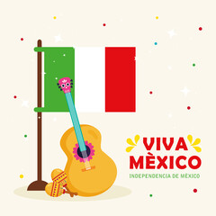 viva mexico, happy independence day, 16 of september with flag, guitar and maracas vector illustration design