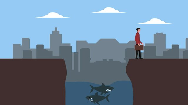 Businessman jump a gap above pond filled sharks