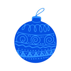 Hand drawn blue Christmas tree ball with doodle elements. Isolated on a white background.