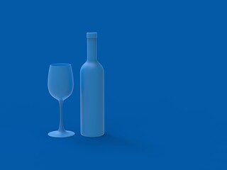 Still life from a bottle and a glass. Monochrome blue illustration. 3D illustration.
