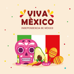 viva mexico, happy independence day, 16 of september with flag and traditional icons decorations vector illustration design