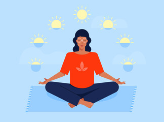 Vector illustration with woman siting in yoga lotus pose and meditates. - 377345247