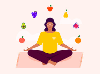 Vector illustration with young woman siting in yoga lotus pose with fruits. - 377345251